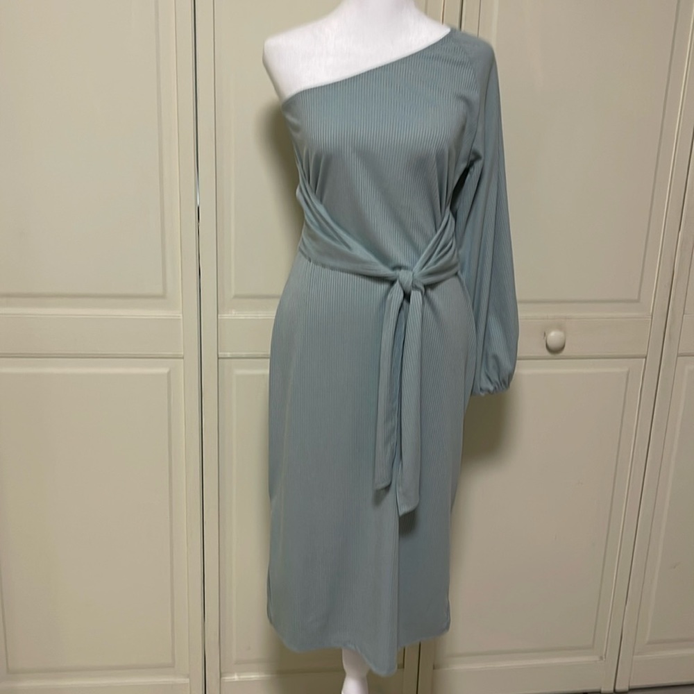 MAGNOLIA Boutique Women’s Aqua One Shoulder Midi Jersey Knit Dress Size S